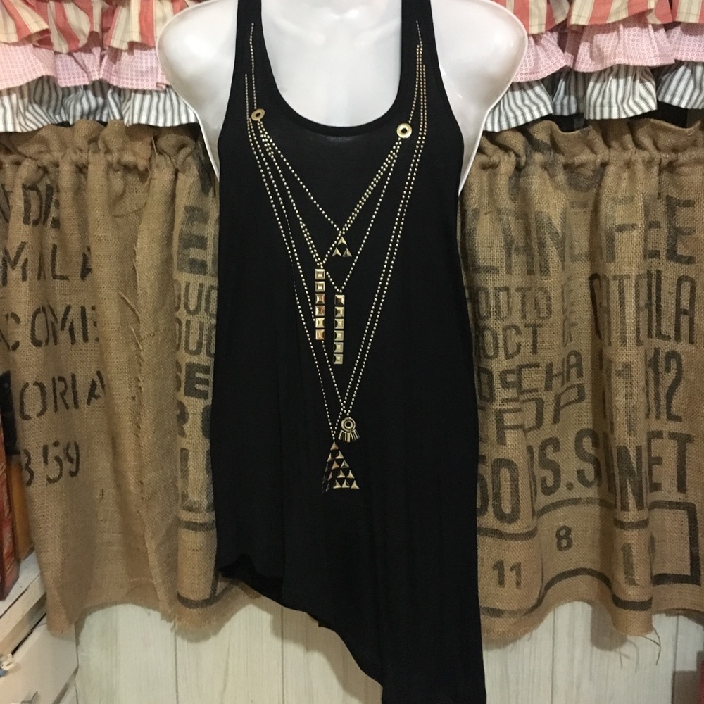 Classy black tank with gold necklace print!